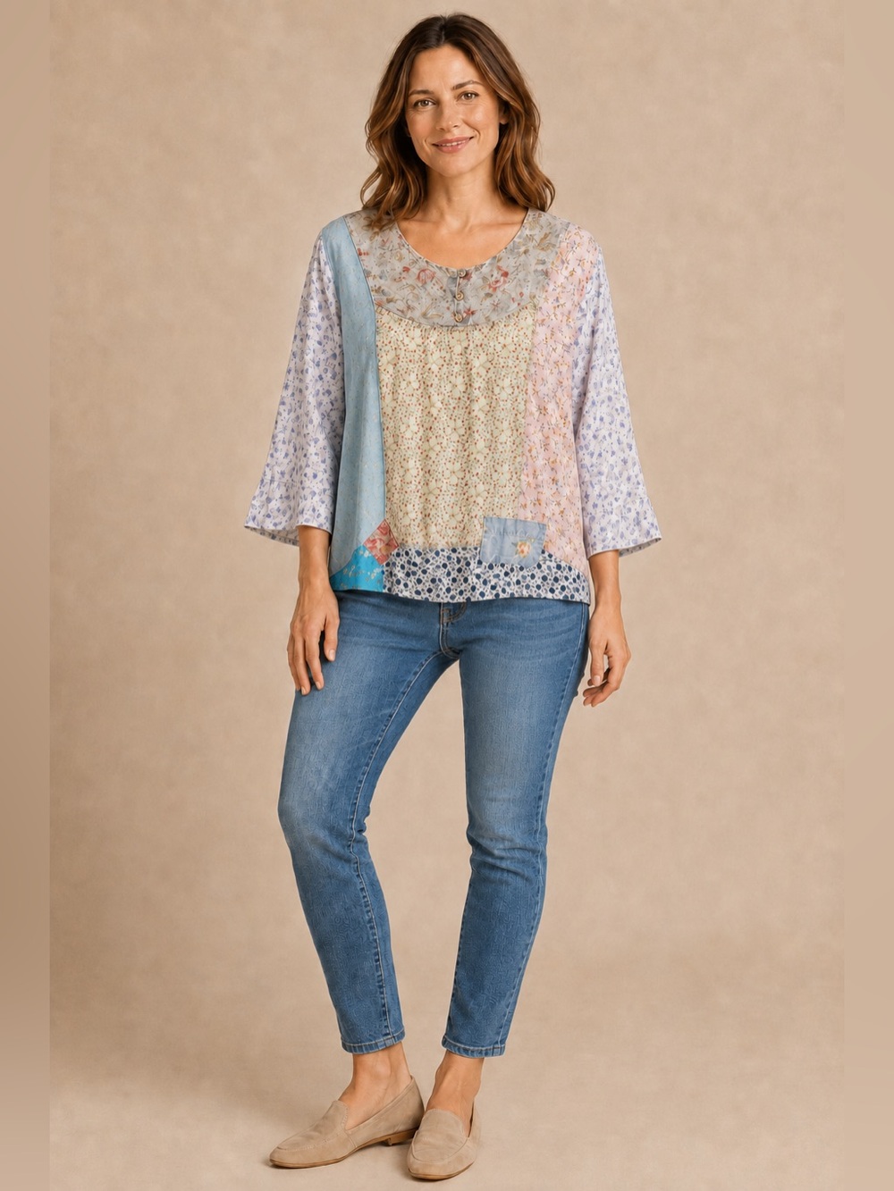 Sacred Threads Women’s S Patchwork Floral Tunic Top Boho Cottagecore Rayon